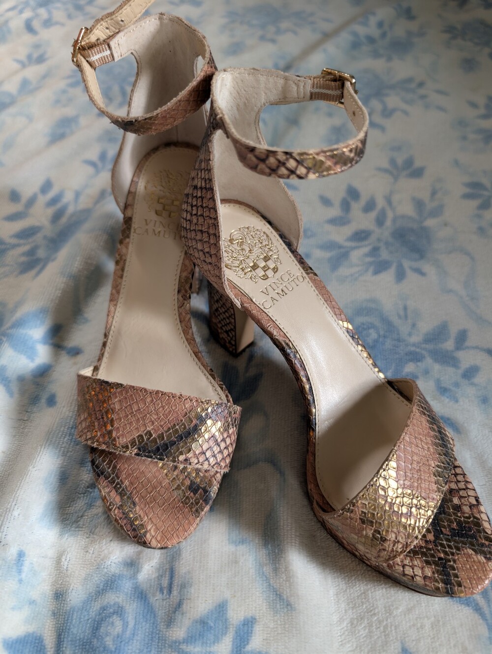 Vince Camuto Gold Snake-Print Ankle Strap Heels